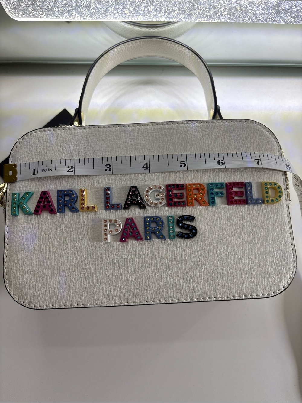 Karl Lagerfeld White Camera Bag with Multicolor Logo and Patterned Strap - Picture 7 of 9